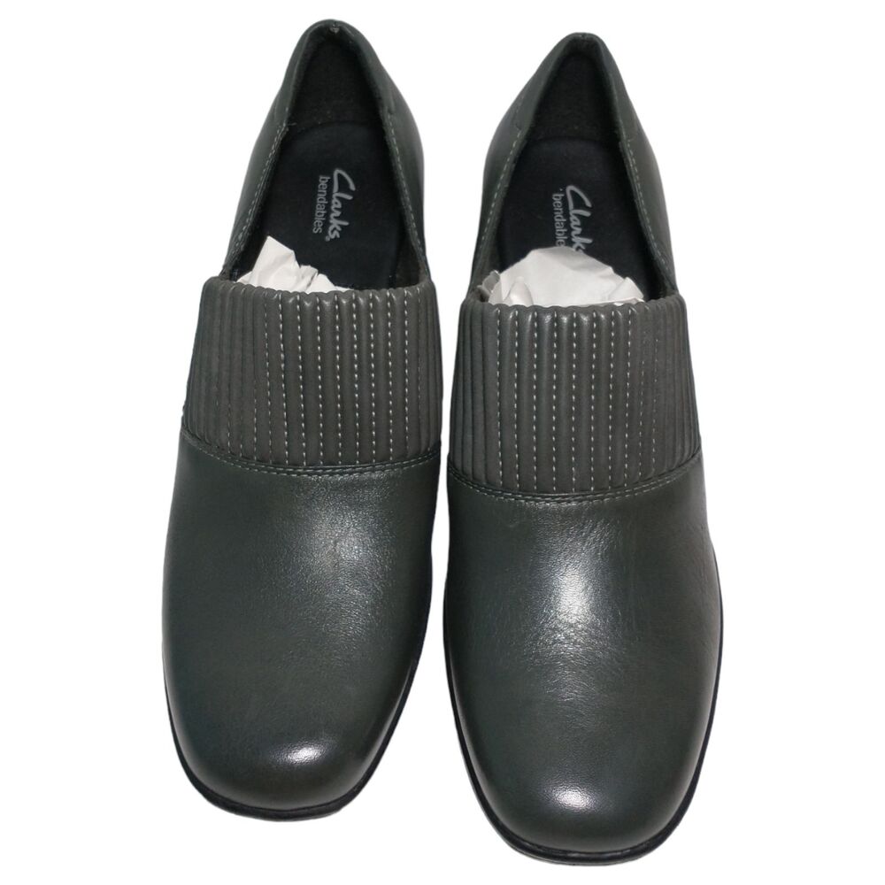 Clarks Womens Bendables Gray Leather Size 8.5M Thoughtful Q Comfort Block Heels